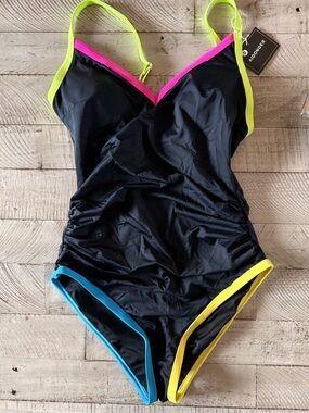 Women’s Black and Neon One Piece Swimsuit Size Small NWT